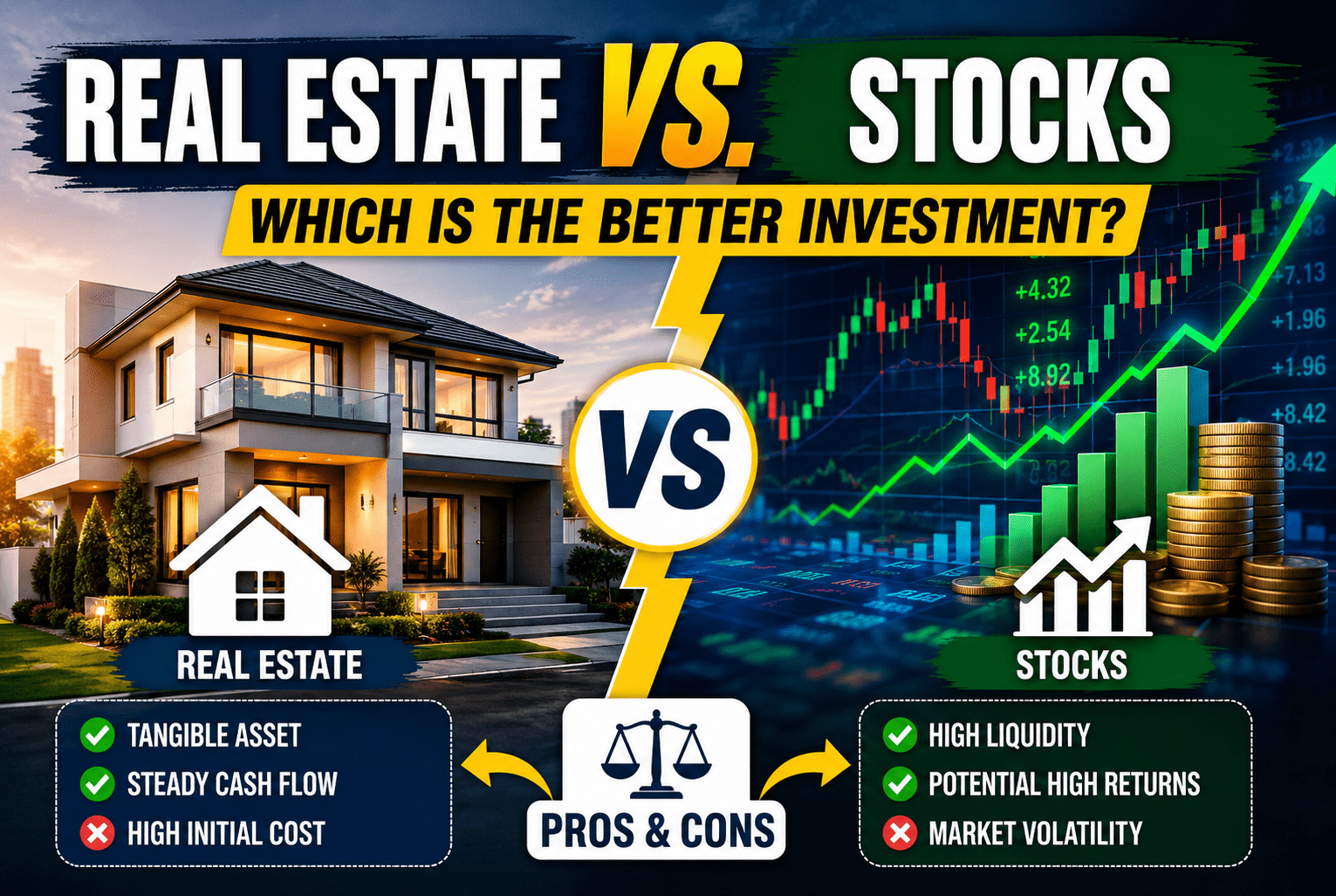 Read more about the article Real Estate vs. Stocks: Which Is the Better Investment? (Pros & Cons)